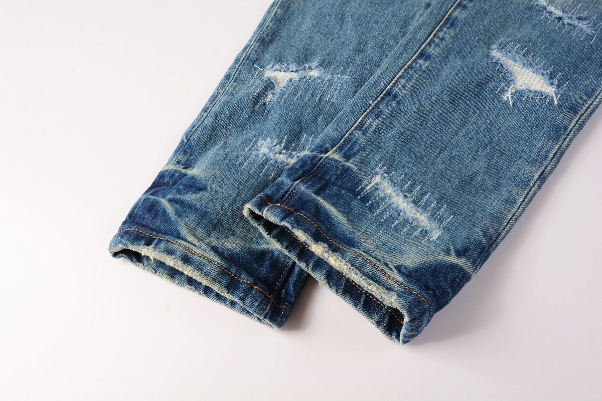 Men's Slim Fit Distressed Sea Blue Skinny Jeans with Button Fly & Ripped Detailing