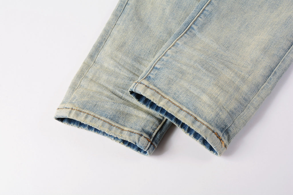Men's High Street Distressed Blue Destroyed Hole Slim Fit Spray Paint Ripped Jeans