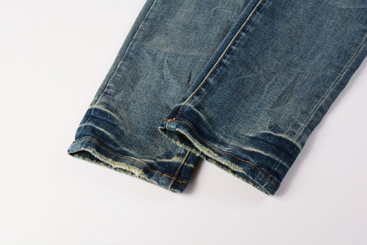 Men's Distressed Slim Fit Dark Blue Stretch Skinny Ripped Jeans