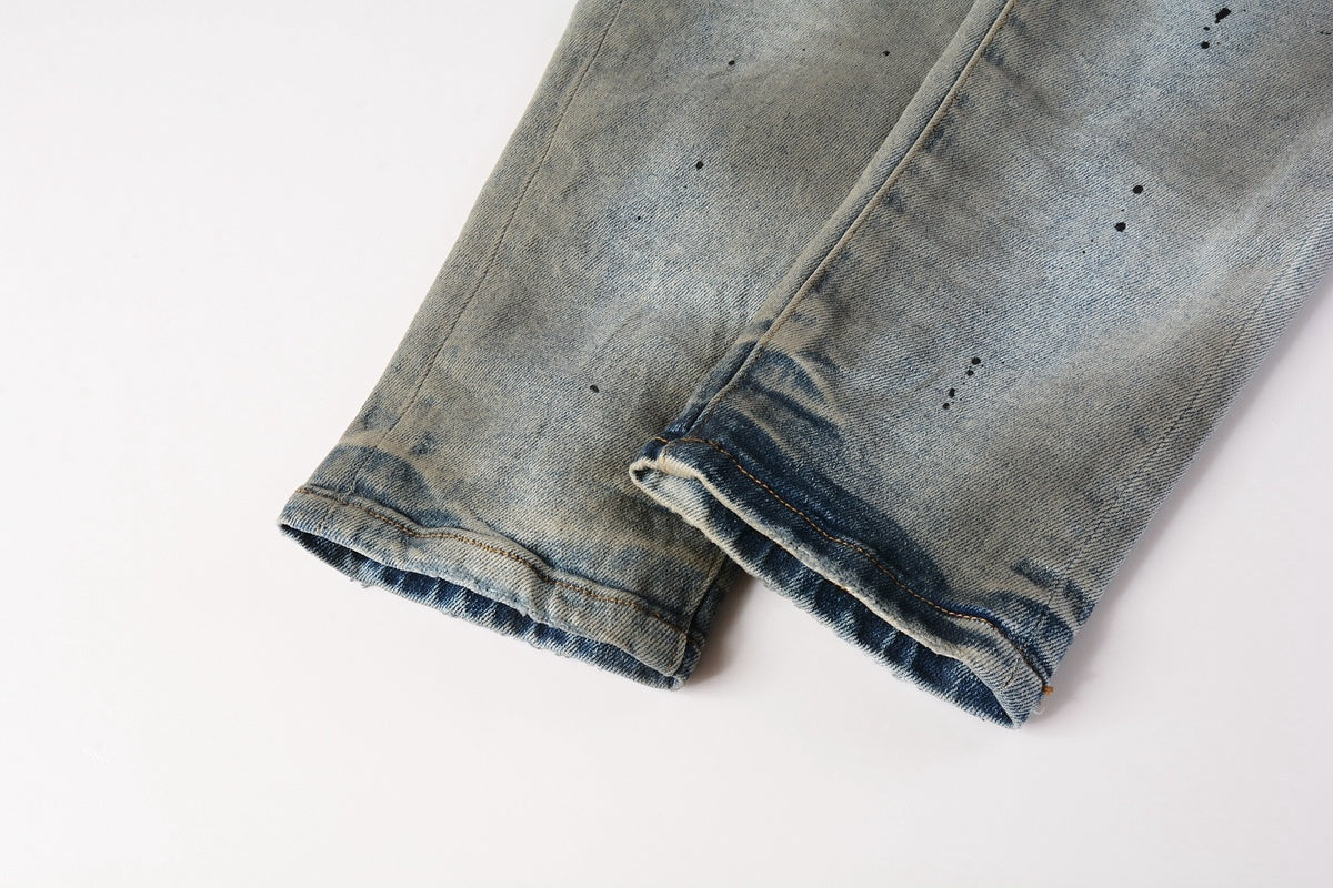 Men's High Street Distressed Blue Painted Dirty Slim Fit Ripped Jeans