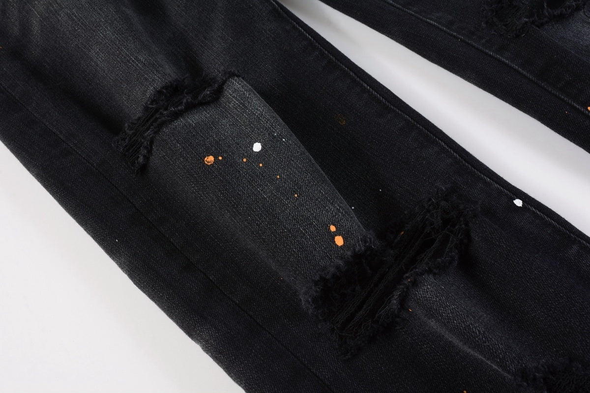Men's Streetwear Slim Fit Distressed Black Damaged Holes Stretch Ripped Jeans