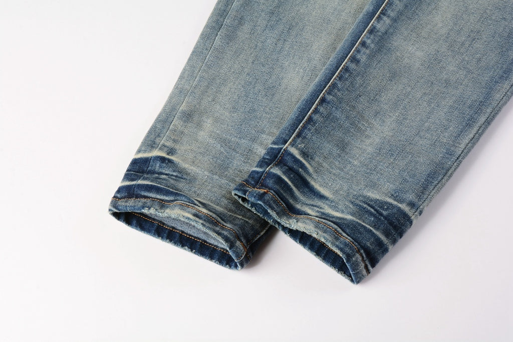 Men High Street Distressed Light Blue Destroyed Holes Graffiti Painted Stretch Slim Fit Ripped Jeans