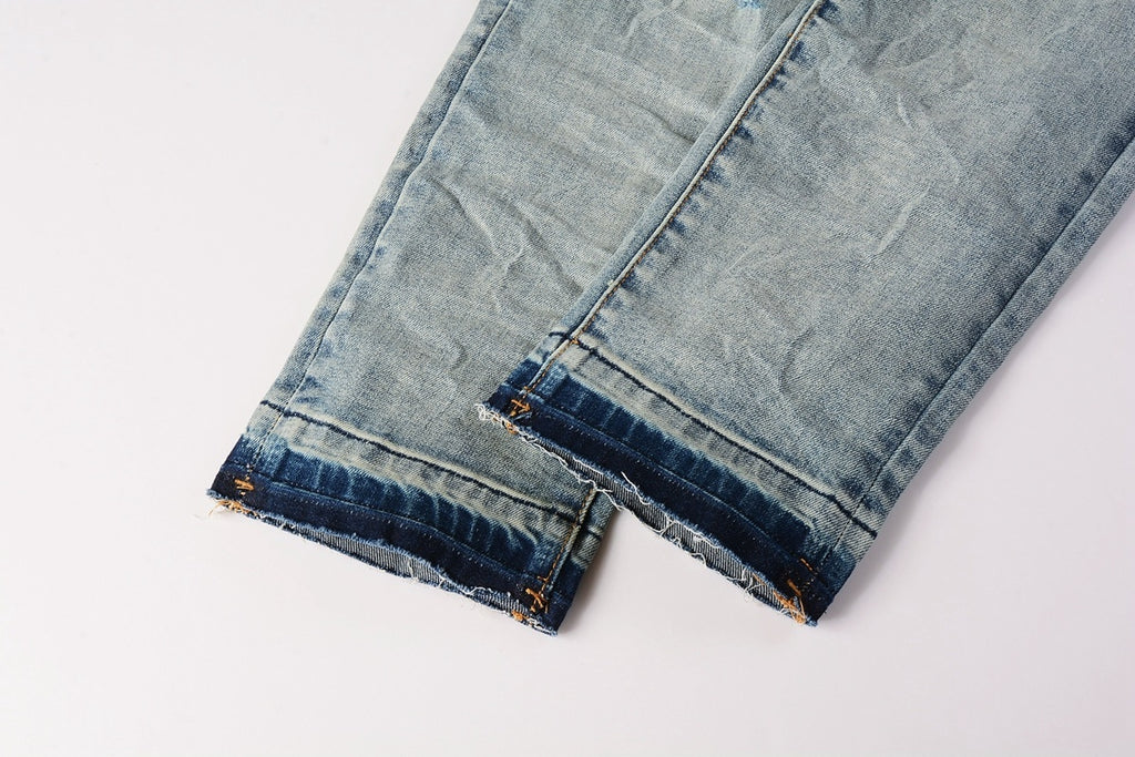 Men's Streetwear Slim Fit Distressed Light Blue Stretch Skinny Damaged Holes Raw Hems Ripped Jeans