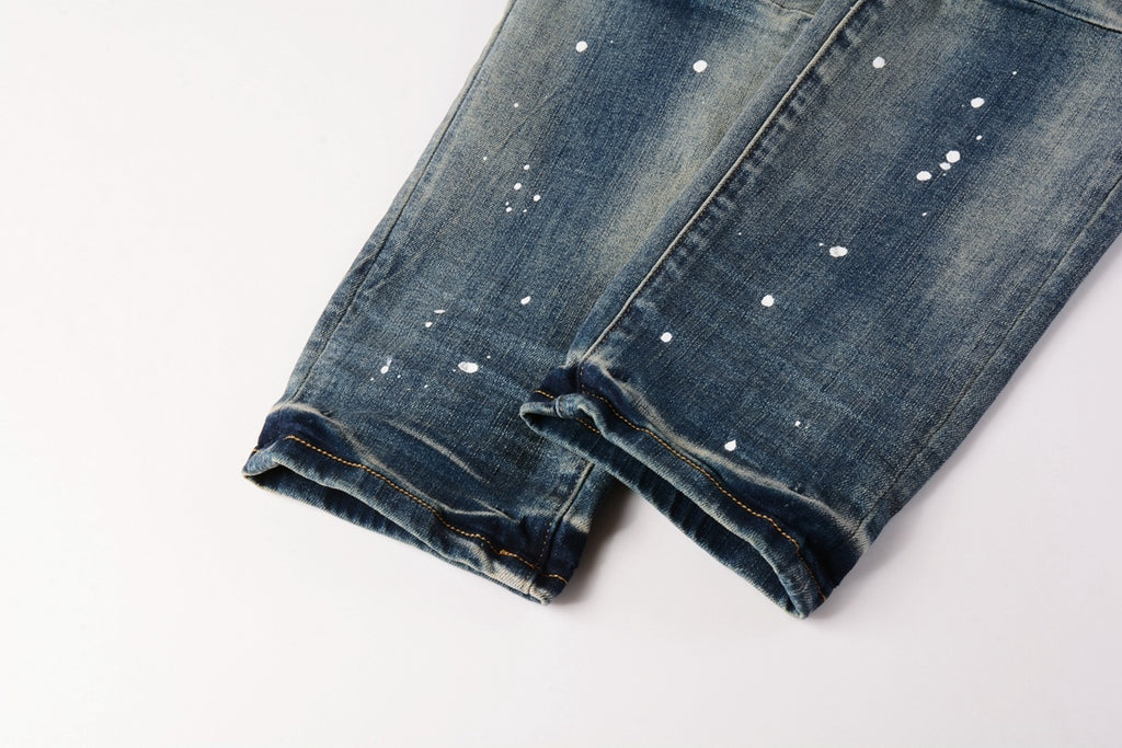 Men's Streetwear Classical Blue Distressed Bandanna Patchwork Stretch Slim Fit Ripped Jeans