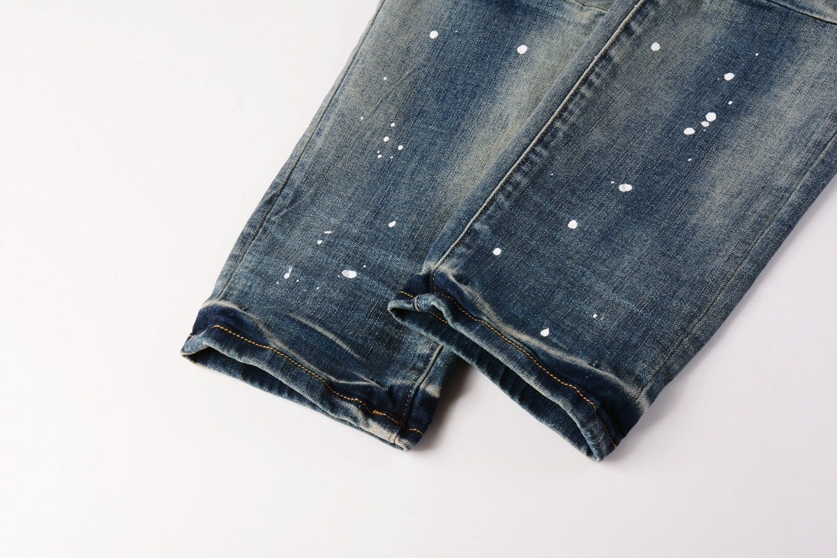 Men's Streetwear Classical Blue Distressed Bandanna Patchwork Stretch Slim Fit Ripped Jeans