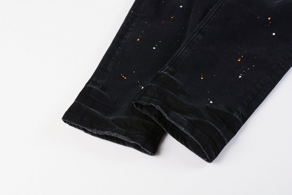 Men's Streetwear Slim Fit Distressed Black Damaged Holes Stretch Ripped Jeans