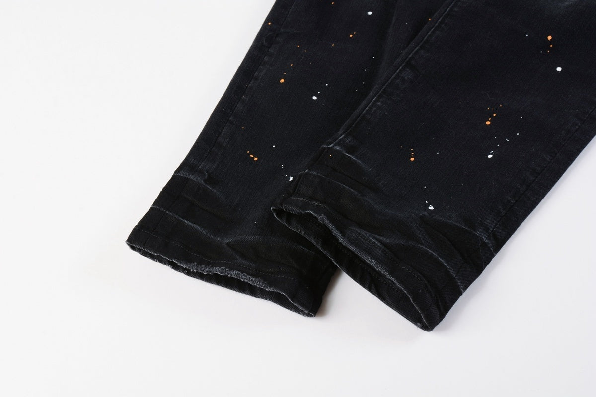 Men's Streetwear Slim Fit Distressed Black Damaged Holes Stretch Ripped Jeans