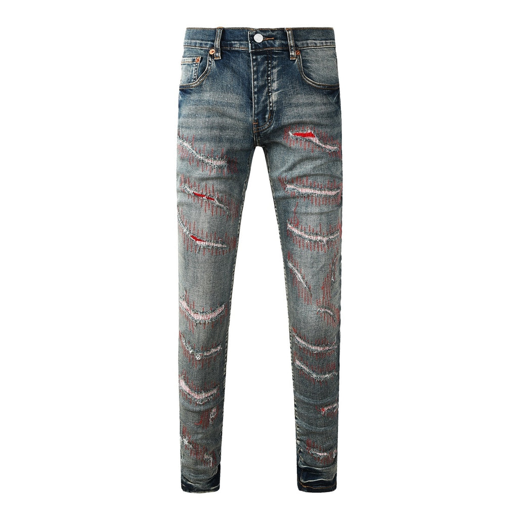 Men's Distressed Blue Skinny Jeans with Devil Suture Design & Ripped Holes & Button Fly
