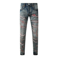 Men's Distressed Blue Skinny Jeans with Devil Suture Design & Ripped Holes & Button Fly