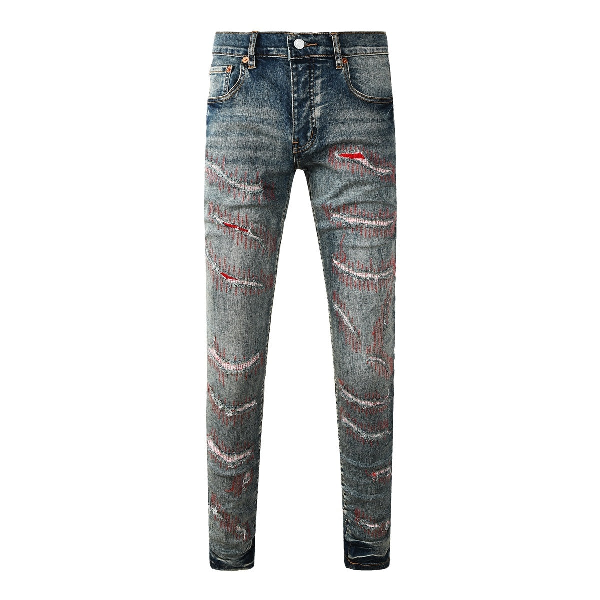 Men's Distressed Blue Skinny Jeans with Devil Suture Design & Ripped Holes & Button Fly