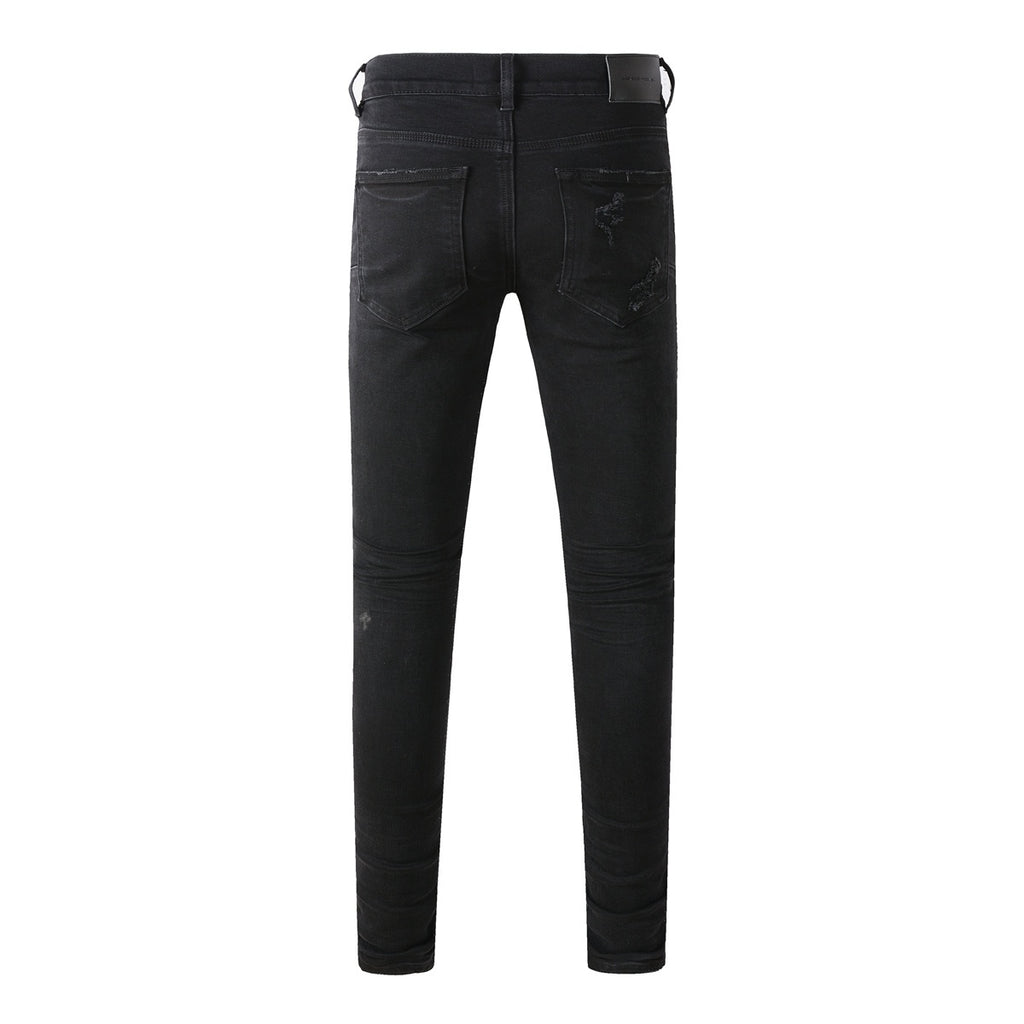 Men's Distressed Black Skinny Jeans with Ripped Holes & Button Fly