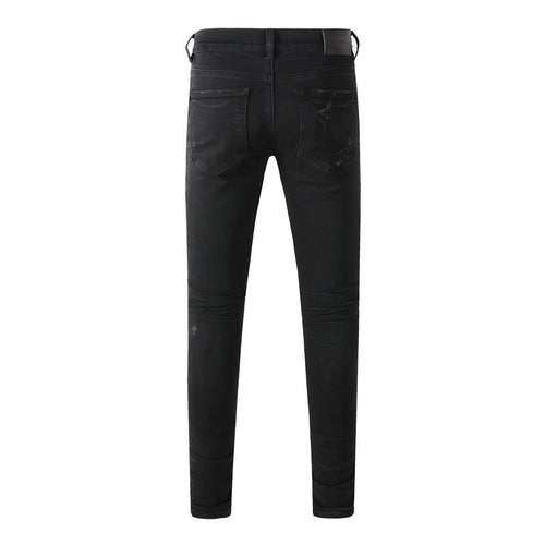 Men's Distressed Black Skinny Jeans with Ripped Holes & Button Fly
