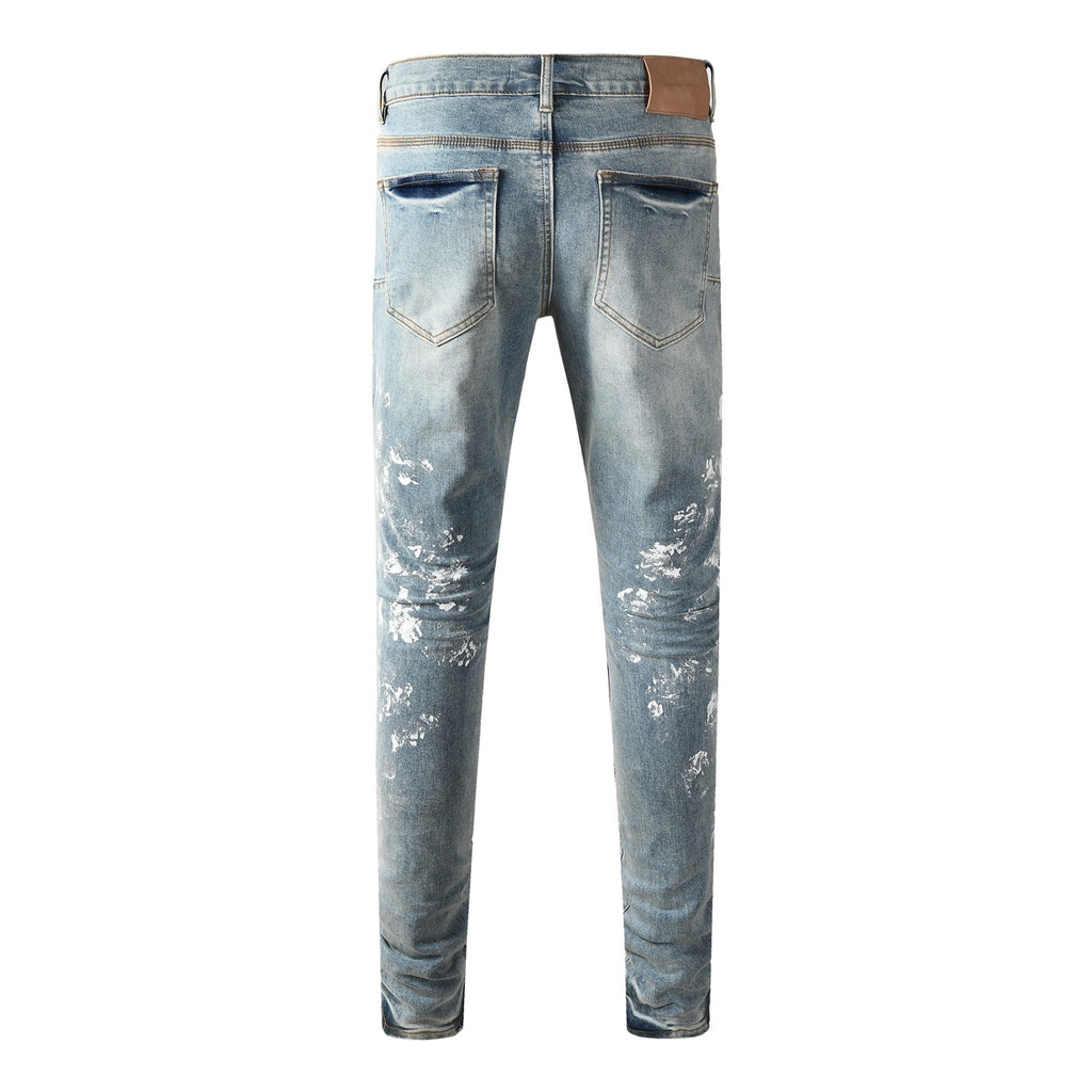 Men's Distressed Light Indigo Skinny Jeans with Graffiti, Ripped Holes & Button Fly