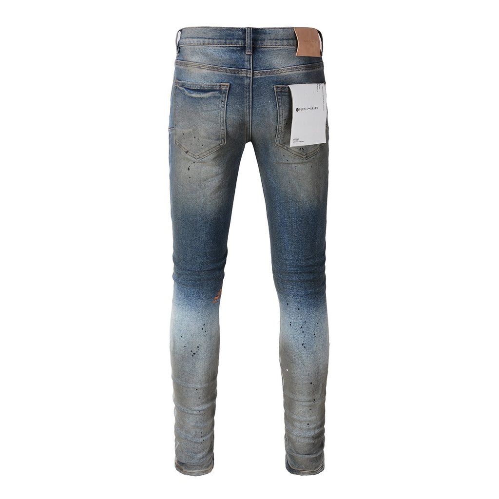 Men's High Street Distressed Blue Painted Dirty Slim Fit Ripped Jeans