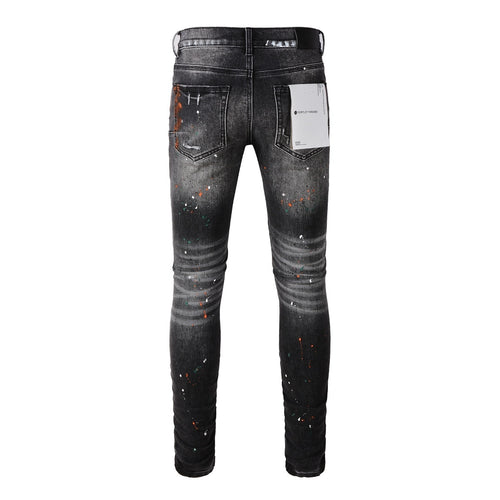 Men's High Street Distressed Black Gray Damaged Holes Spray Paint Stretch Slim Fit Ripped Jeans