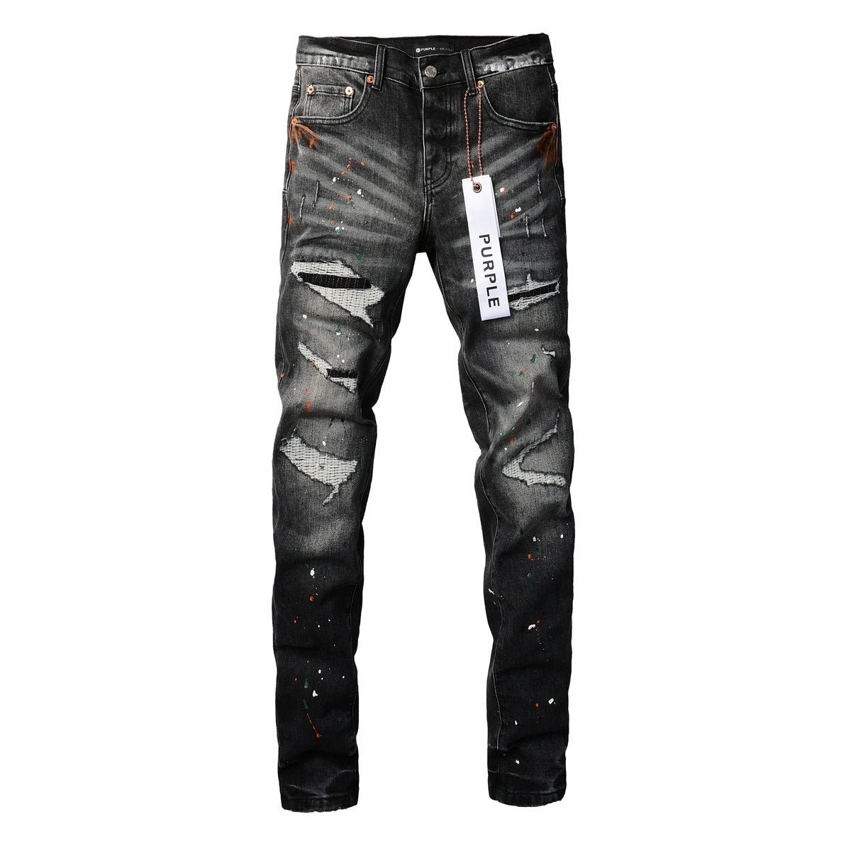 Men's High Street Distressed Black Gray Damaged Holes Spray Paint Stretch Slim Fit Ripped Jeans