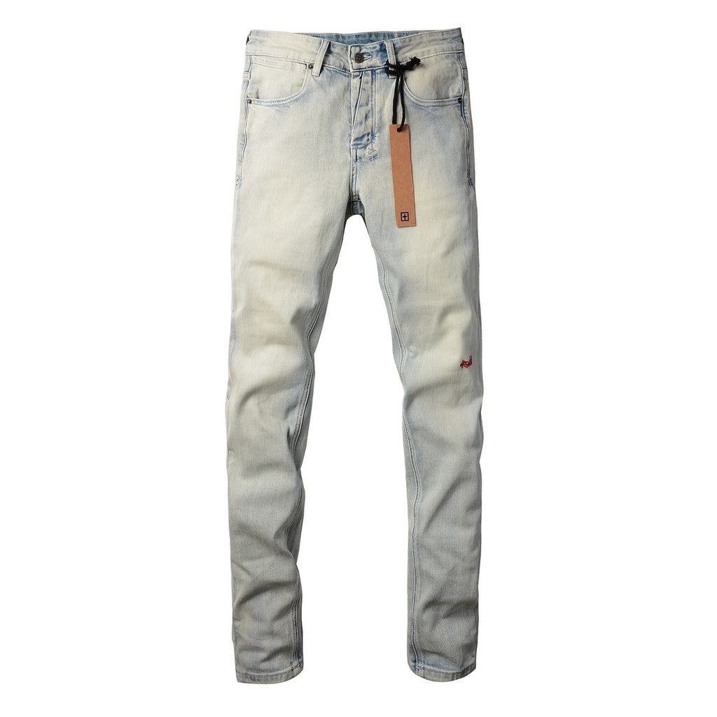 Men's Light Wash Minimal Embroidered Skinny Jeans - Stretch Denim