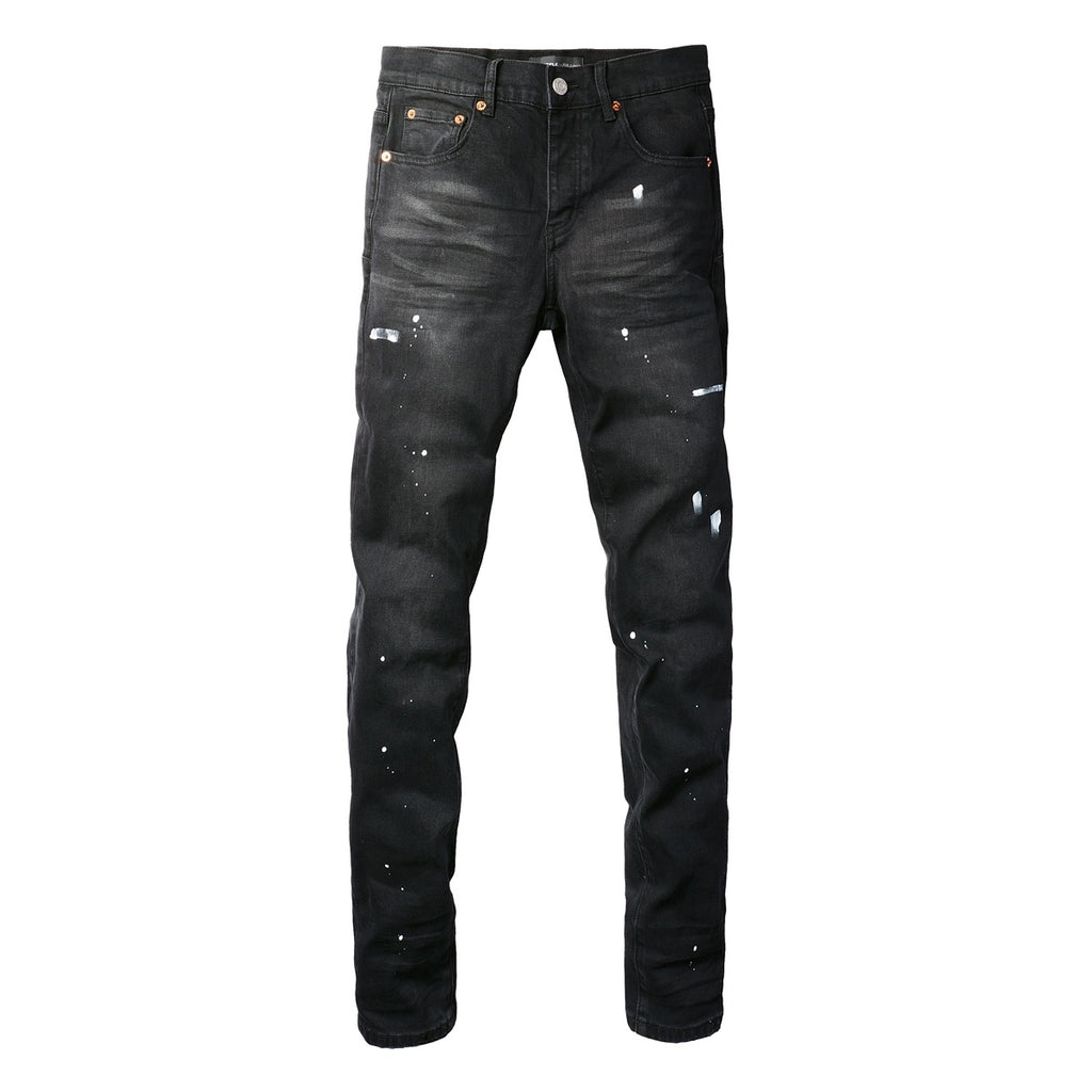 Men's Distressed Black Skinny Jeans with Graffiti Print, Ripped Holes & Button Fly