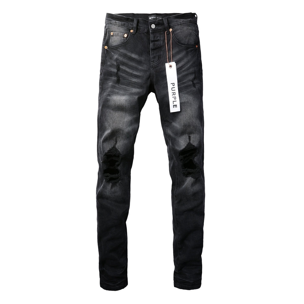 High Street Distressed Black Gray Destroyed Holes Stretch Slim Fit Ripped Jeans For Men