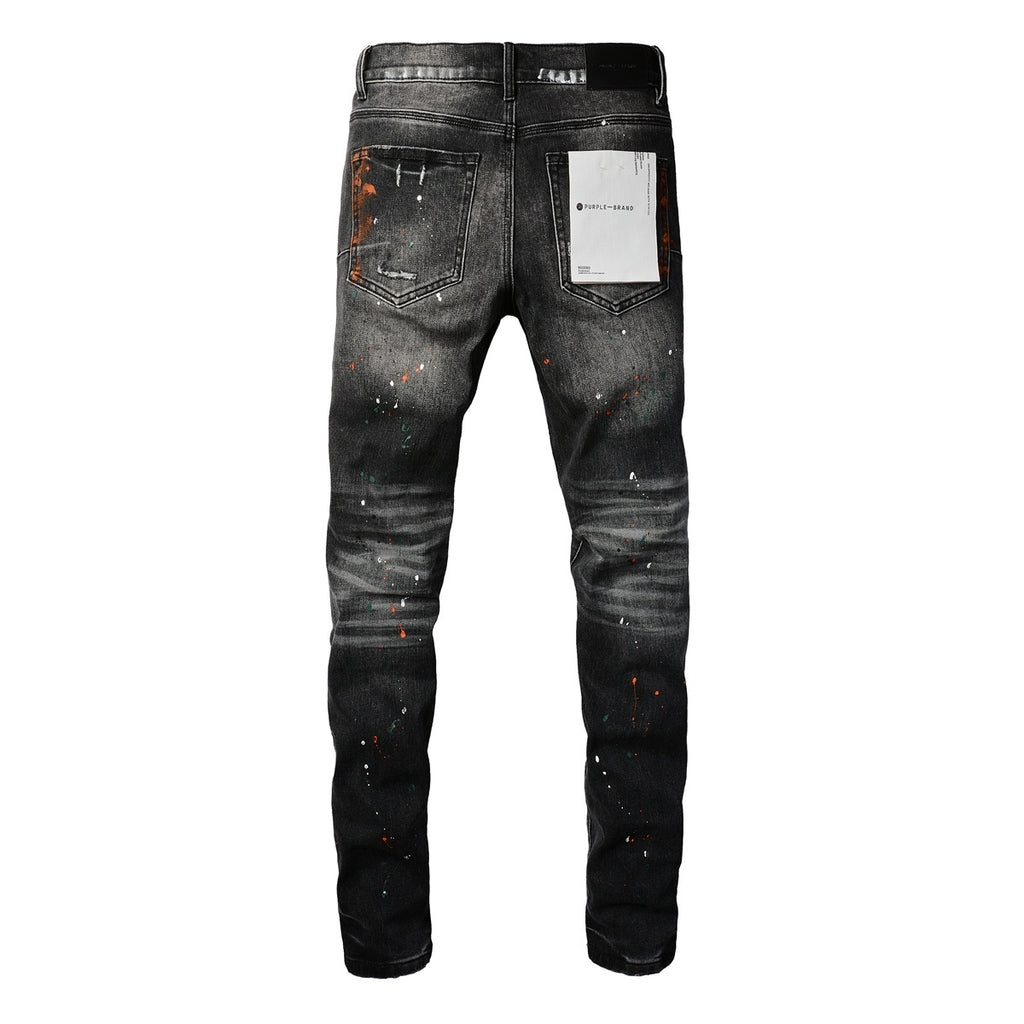 Men's High Street Distressed Black Gray Damaged Holes Spray Paint Stretch Slim Fit Ripped Jeans