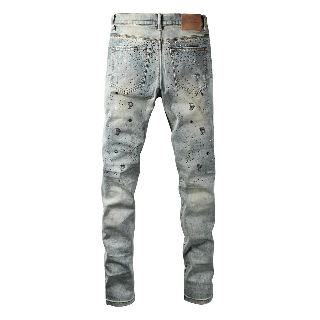 Purple Brand Men's Distressed Skinny Jeans with Cross Rhinestones, Ripped Holes & Button Fly