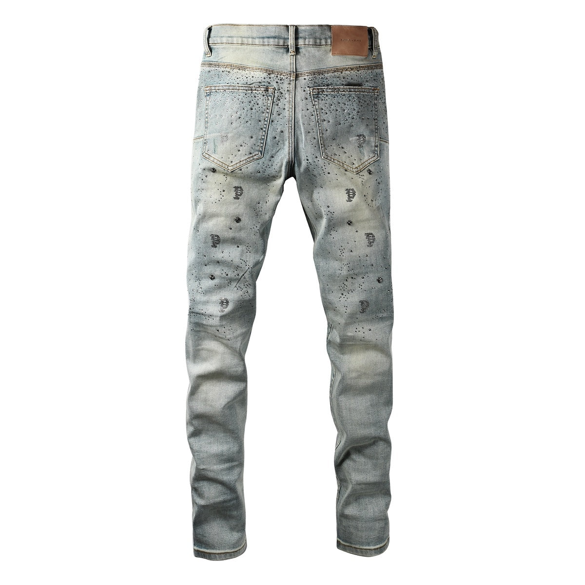 Purple Brand Men's Distressed Skinny Jeans with Cross Rhinestones, Ripped Holes & Button Fly