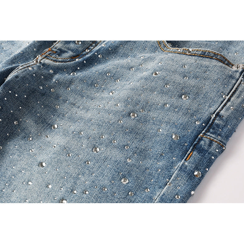 Men's Light Wash All-Over Rhinestone Skinny Jeans | Streetwear Slim Fit Embellished Denim Pants