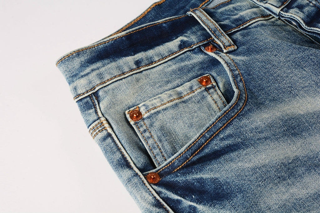 Men's Streetwear Slim Fit Distressed Light Blue Stretch Skinny Damaged Holes Raw Hems Ripped Jeans
