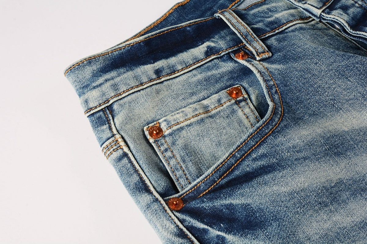 Men's Streetwear Slim Fit Distressed Light Blue Stretch Skinny Damaged Holes Raw Hems Ripped Jeans