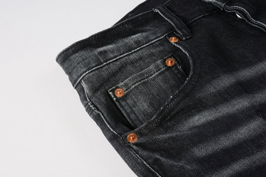 Men's High Street Distressed Black Gray Stretch Slim Fit Ripped Jeans