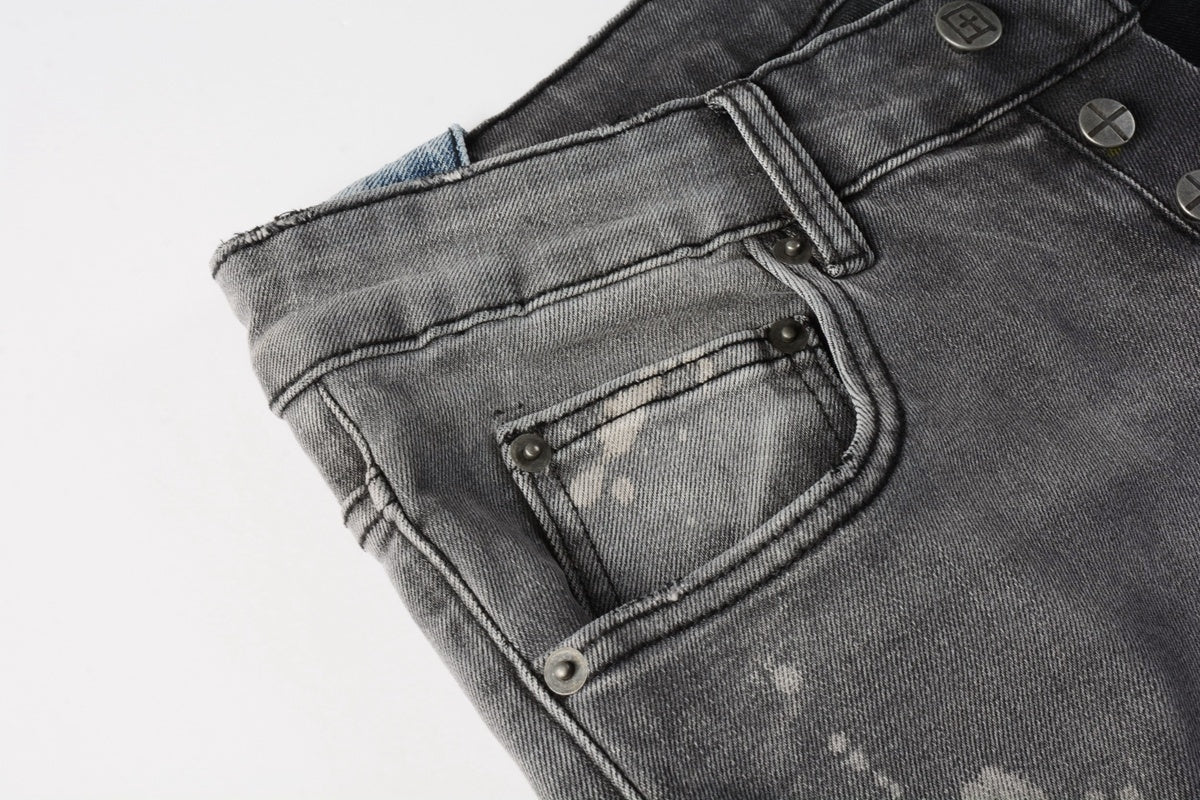 Men's Grey Wash Embroidered Distressed Skinny Jeans - Stretch Denim