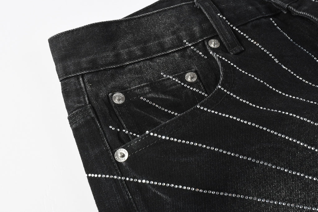High-Quality Men's Distressed Black Denim Shorts with Rhinestones, Ripped Holes & Loose Fit