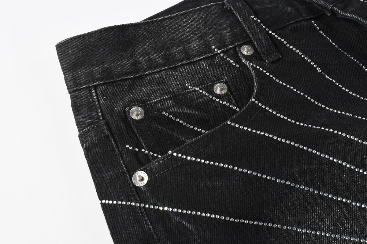 High-Quality Men's Distressed Black Denim Shorts with Rhinestones, Ripped Holes & Loose Fit