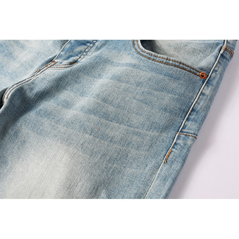 Men's Light Wash Embroidered Letter Skinny Jeans | Streetwear Slim Fit Distressed Denim Pants