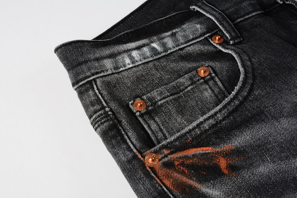 Men's High Street Distressed Black Gray Damaged Holes Spray Paint Stretch Slim Fit Ripped Jeans