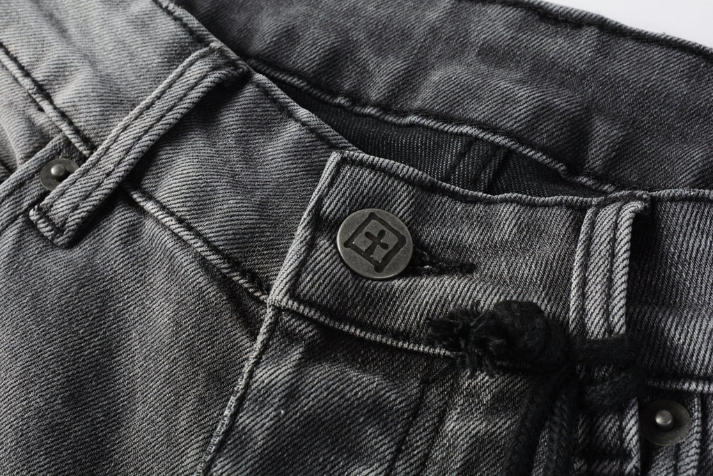 Men's Grey Wash Embroidered Distressed Skinny Jeans - Stretch Denim