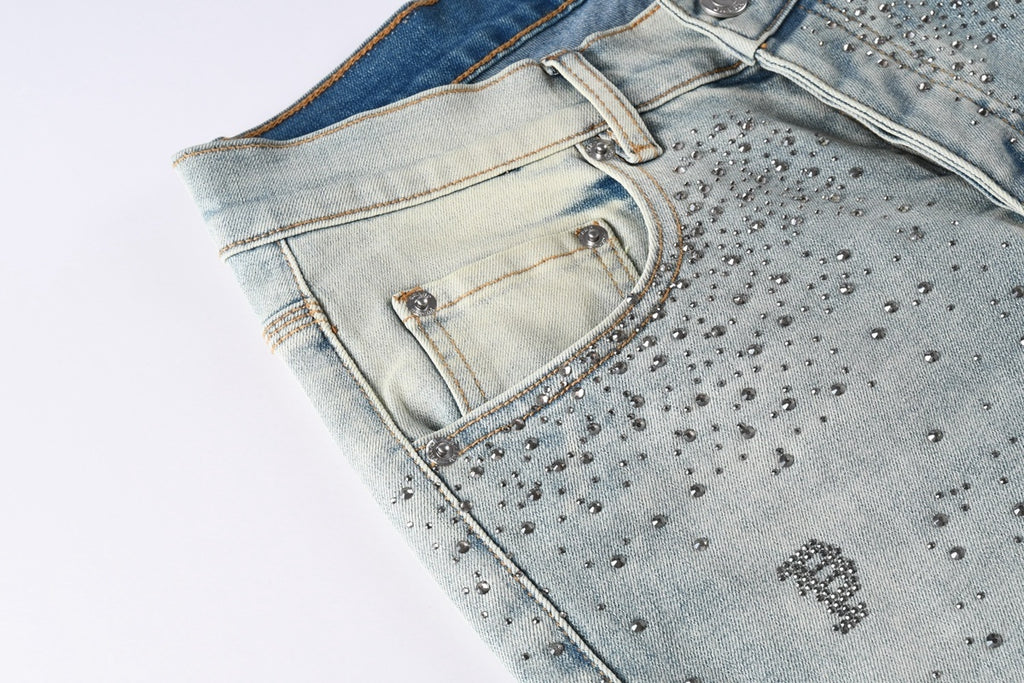 Purple Brand Men's Distressed Skinny Jeans with Cross Rhinestones, Ripped Holes & Button Fly