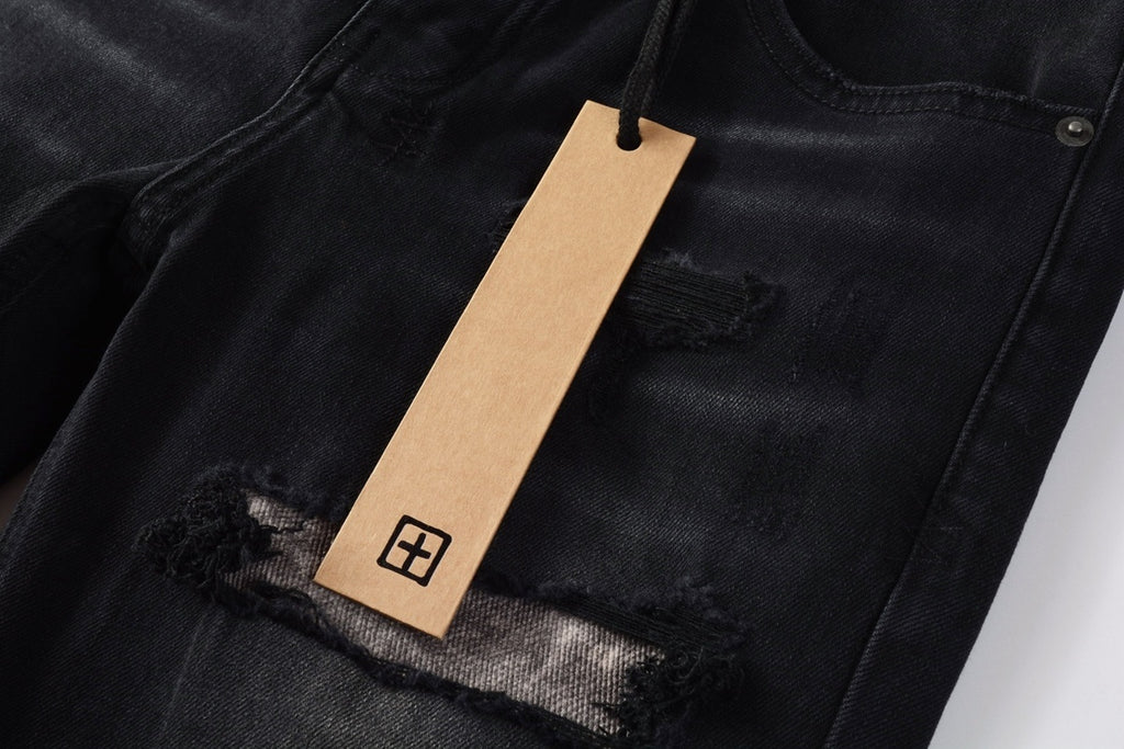 Men's Black Wash Cross-Studded Distressed Skinny Jeans - Stretch Denim