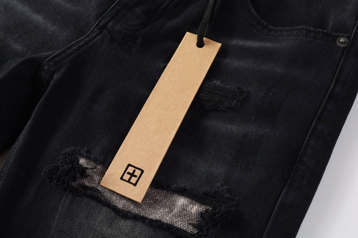 Men's Black Wash Cross-Studded Distressed Skinny Jeans - Stretch Denim