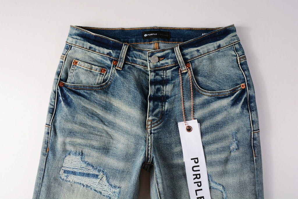 Men's Streetwear Slim Fit Distressed Light Blue Stretch Skinny Damaged Holes Raw Hems Ripped Jeans