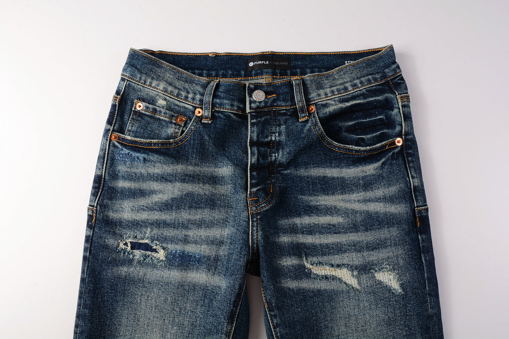 Men's Distressed Dark Blue Skinny Jeans with Ripped Holes & Button Fly