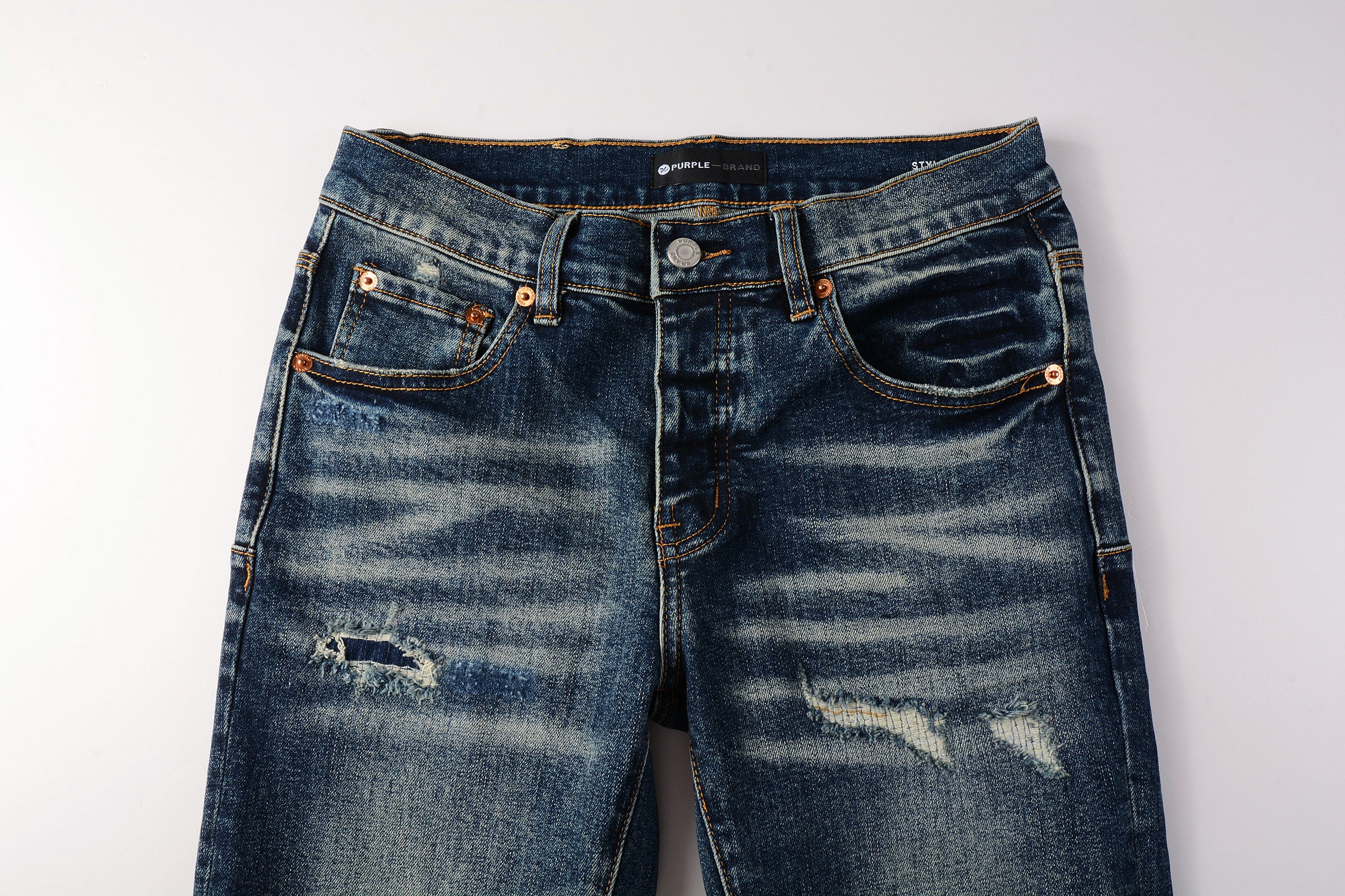 Men's Distressed Dark Blue Skinny Jeans with Ripped Holes & Button Fly