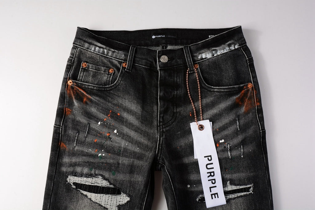 Men's High Street Distressed Black Gray Damaged Holes Spray Paint Stretch Slim Fit Ripped Jeans