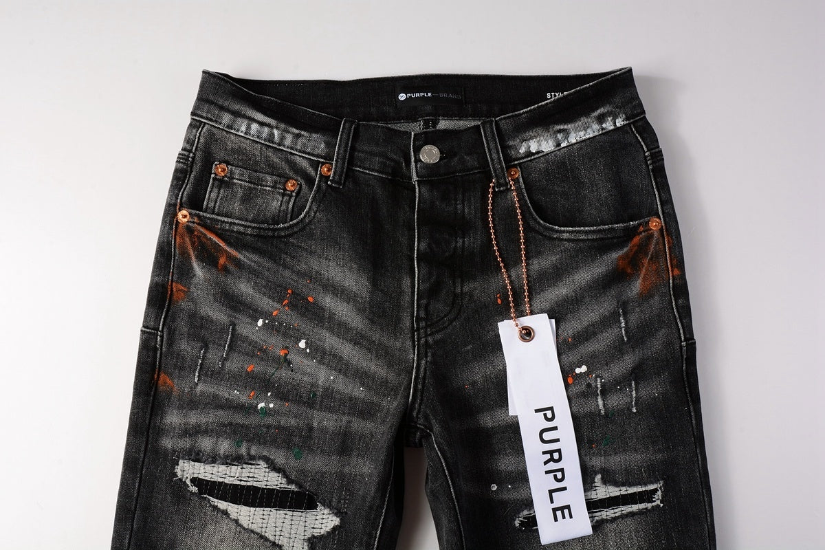 Men's High Street Distressed Black Gray Damaged Holes Spray Paint Stretch Slim Fit Ripped Jeans