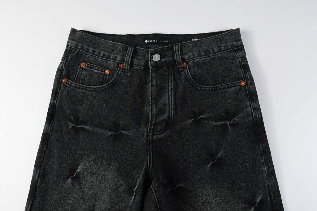 Men's Distressed Black Gray Loose Fit Jeans with Ripped Holes & Button Fly