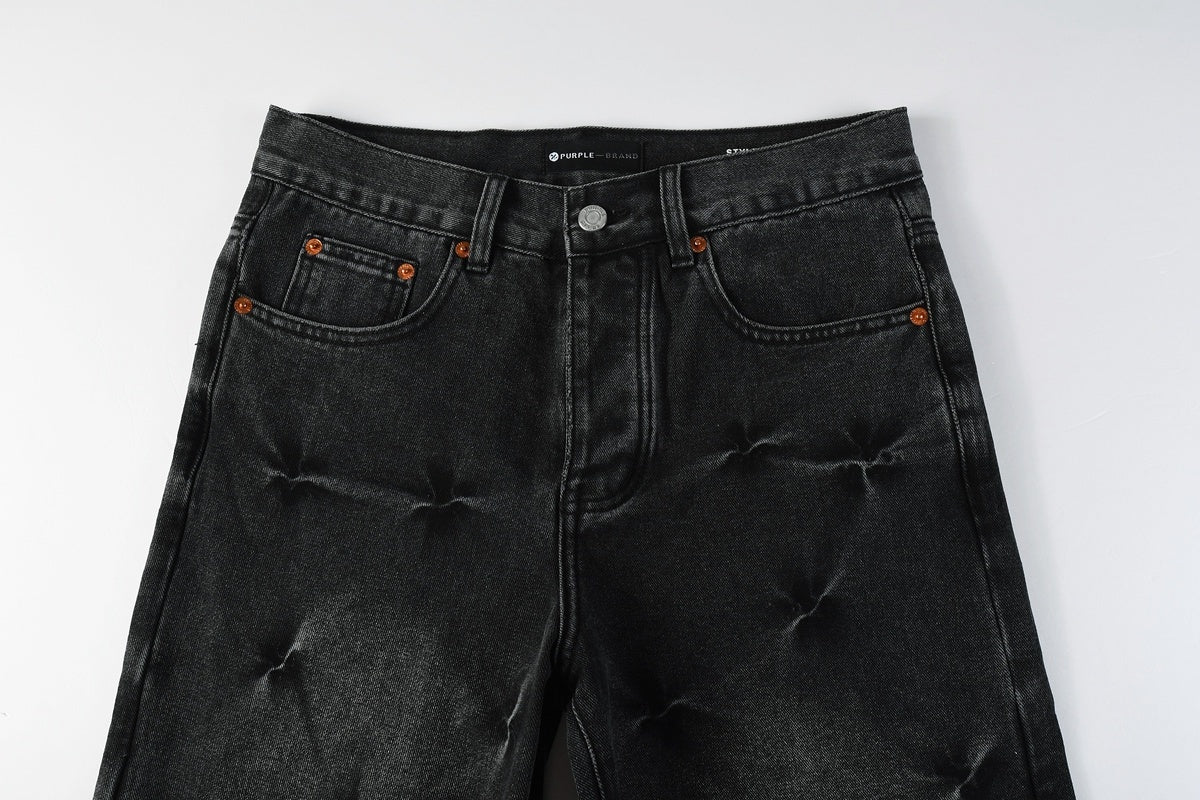 Men's Distressed Black Gray Loose Fit Jeans with Ripped Holes & Button Fly