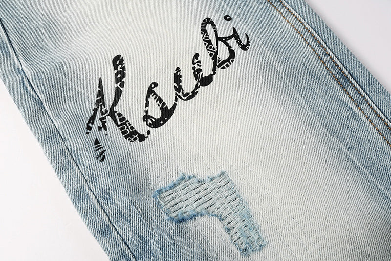 Men's Ksubi-Style Light Wash Rhinestone Logo Skinny Jeans - Streetwear Denim