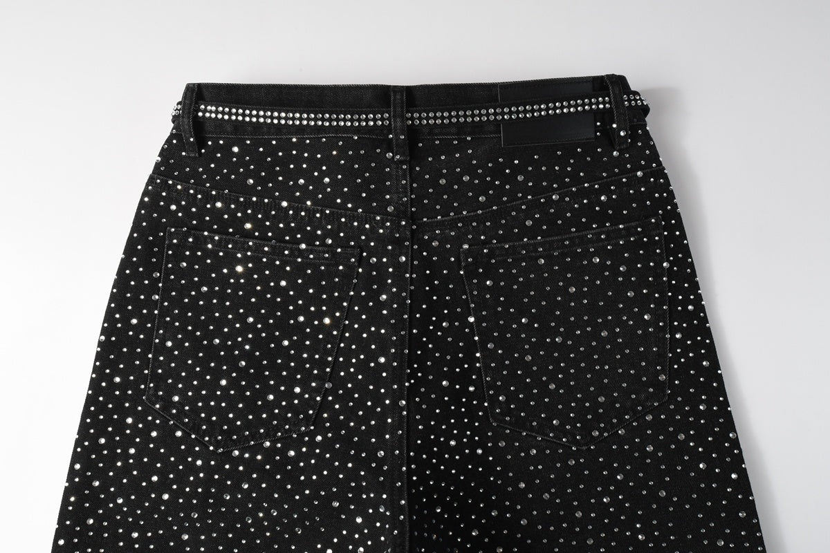 Men's Distressed Black Denim Shorts with Rhinestones, Ripped Detailing & Loose Fit