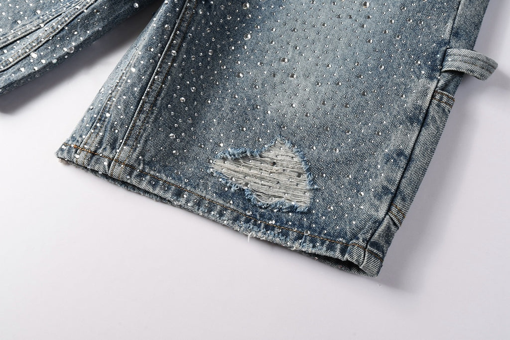 Men's Distressed Vintage Blue Denim Shorts with Rhinestones & Ripped Detailing