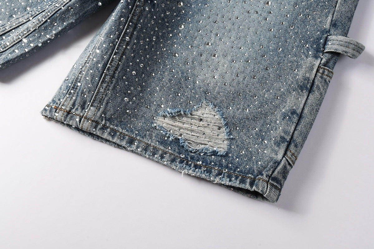 Men's Distressed Vintage Blue Denim Shorts with Rhinestones & Ripped Detailing